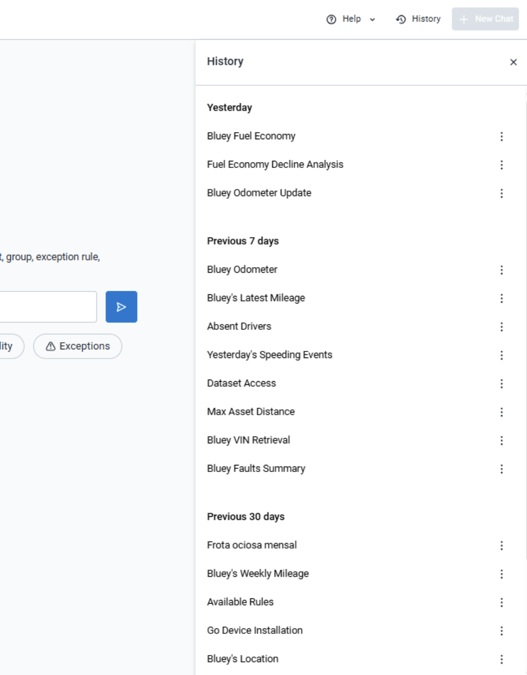 A screenshot of the chat history panel for Ace, the MyGeotab AI assistant. It shows a list of past user queries organized by date ranges like "Yesterday" and "Previous 7 days".